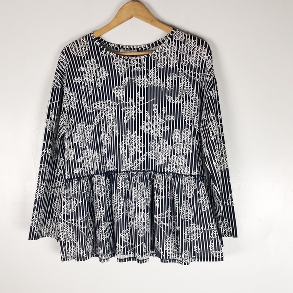 Zara Black & White Floral Striped Peplum Blouse Sz M